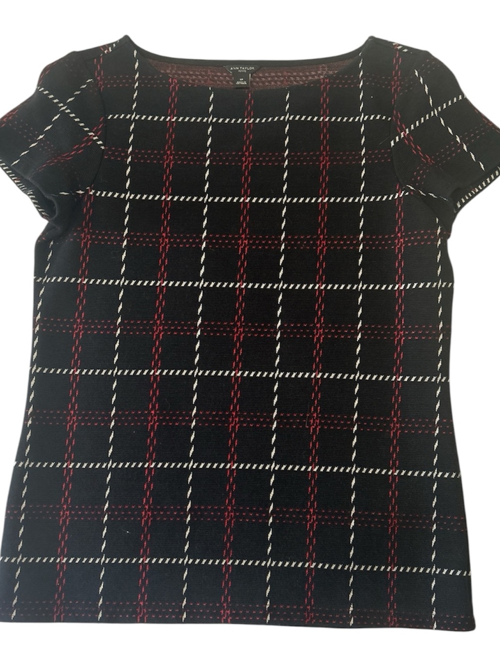 Ann Taylor Black Plaid Short Sleeve Knit Top with Red and White Grid Sz SP - Picture 2 of 6